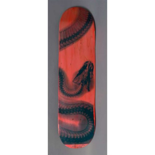 Green Snake on Red, 2015. Unique Artist Skateboard by Steve Miller.
