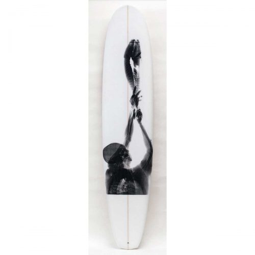 Black Selfie on White Board, 2014. Unique Artist Surfboard by Steve Miller.