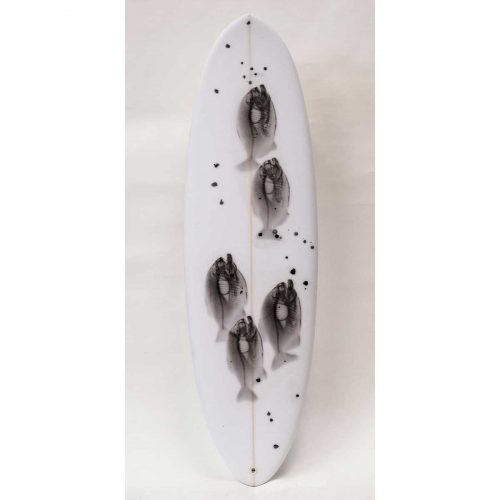 Black Piranha on White Board, 2015.. Unique Artist Surfboard by Steve Miller.
