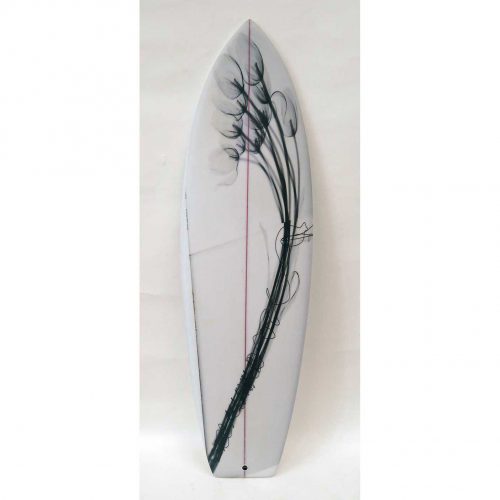 Black Tulips on White Board With Red Stringer, 2016. Unique Artist Surfboard by Steve Miller.